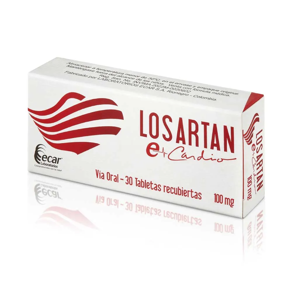 Losartán 100 mg Ecar – Caja x 30 tabletas | Tratamiento Antihipertensivo Seguro