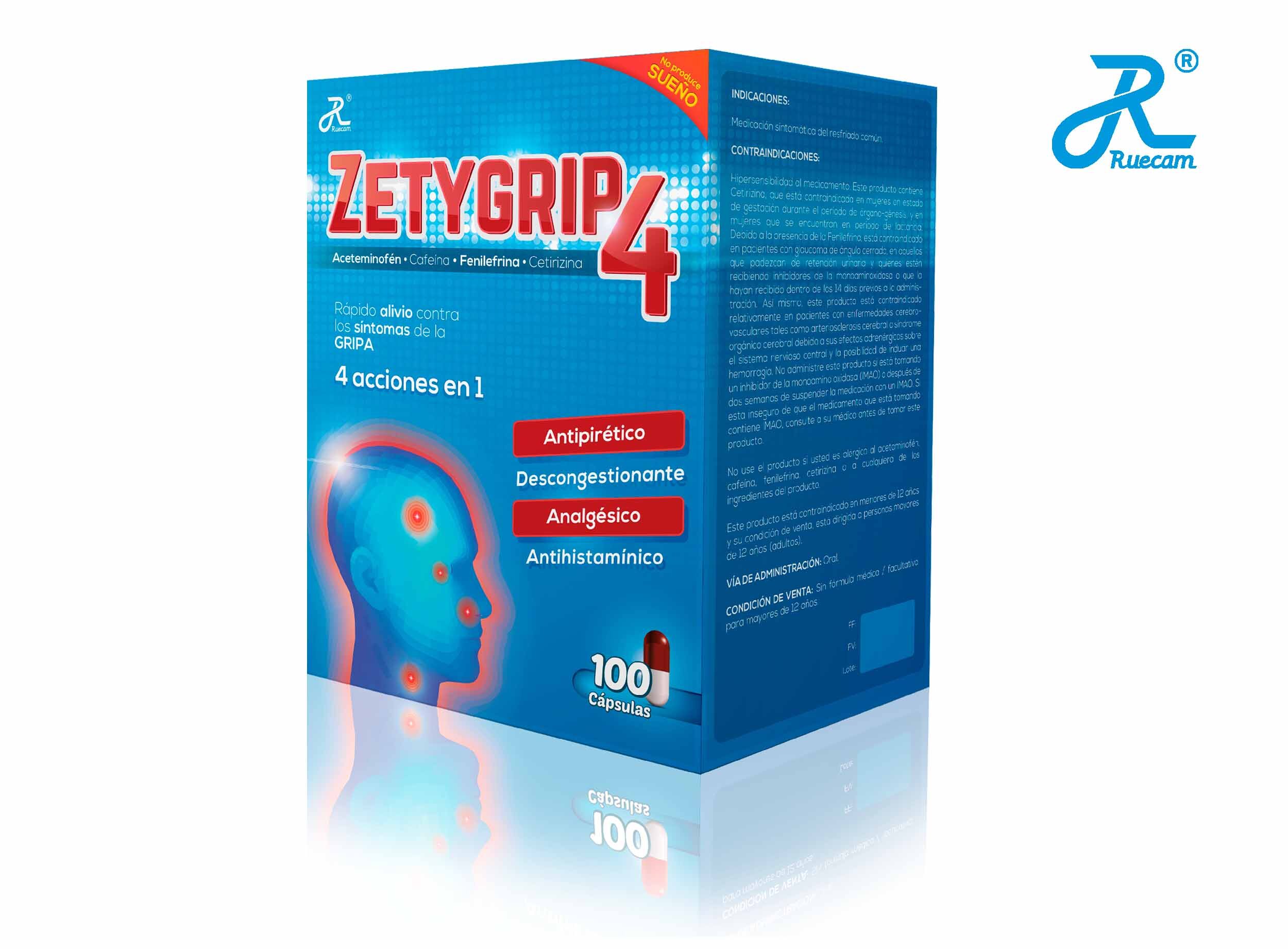 Zetygrip 4 Caja x 100 Cápsulas Ruecam | Alivio de gripe, tos y congestión