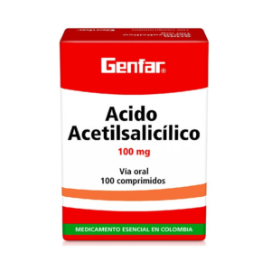 Ácido Acetilsalicílico 100 mg — Caja x 100 Tabletas | GENFAR — Analgésico, Antipirético y Antiplaquetario